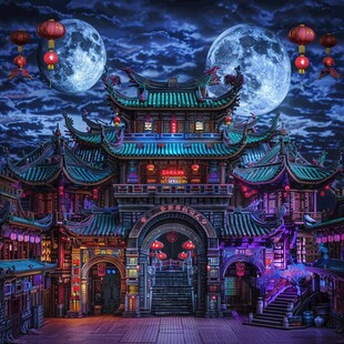 玄幻古镇夜景