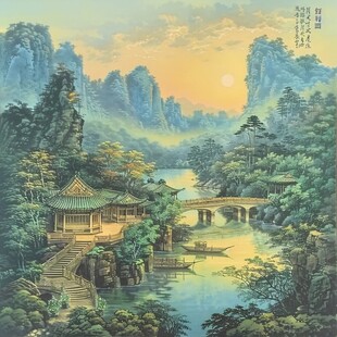 手绘工笔金碧山水画