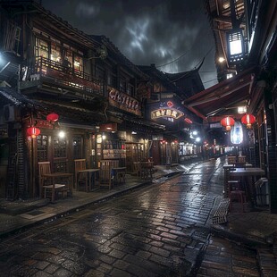 古镇雨天夜景