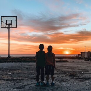 夕阳下投篮的男孩