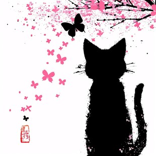 春天猫咪樱花插画壁纸