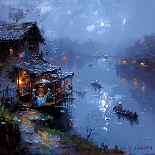江南古镇油画效果