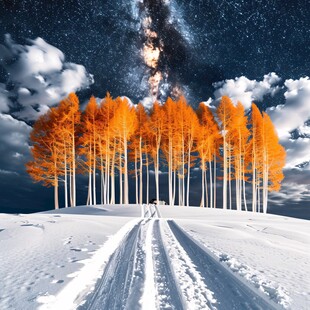 手绘雪夜风景无框画