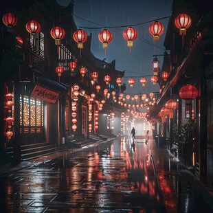古镇雨天夜景