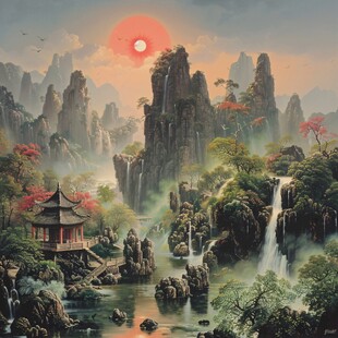 山水画油画手绘风景