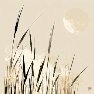 月夜芦苇荡禅意装饰画