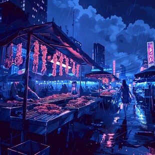 手绘夜市场景