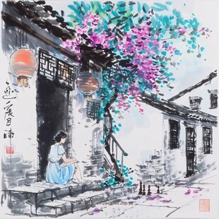 水粉画古街巷