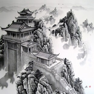 楼阁描线山水背景墙