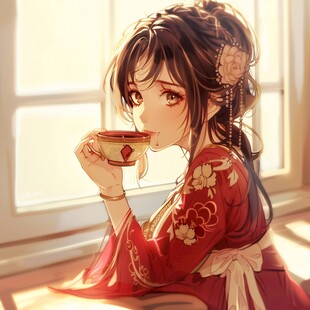 二次元女孩喝奶茶