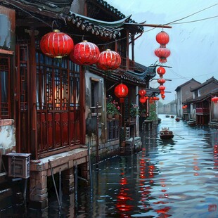 江南古镇油画效果