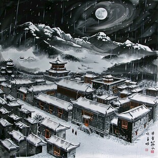 手绘雪夜风景无框画