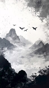 水墨山景飞鸽