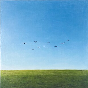 蓝天白云绿草油画