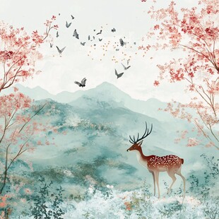 山峰山水画油画梅花鹿
