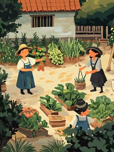 采摘农家少女插画