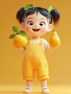 小女孩站在芒果上插画