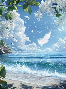 手绘大海海鸥树木