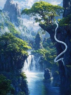山水风景油画瀑布