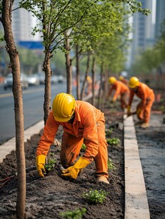 工人栽种绿化带