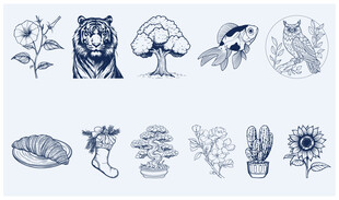 矢量线性线描老虎向日葵金鱼
