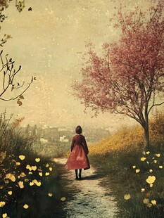 赏花红衣姑娘背影