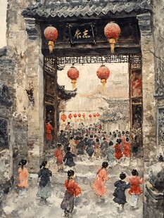 红色宏村插画宏村水彩