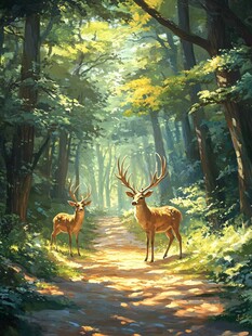 北欧森林麋鹿风景画