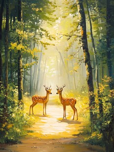 北欧森林麋鹿风景画