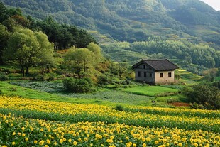 油菜花中的小屋