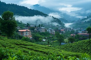 高山茶园村庄云雾