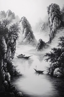 黑白画山水画后现代