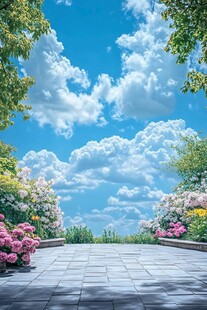 花园蓝天白云景色
