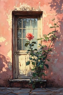 爬着月季花的木窗