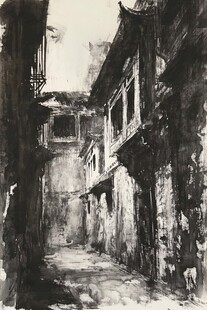 水粉画古街巷