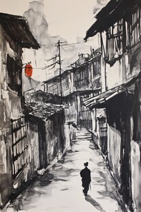 水粉画古街巷