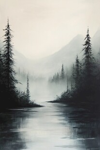 油画远山群山倒影云雾