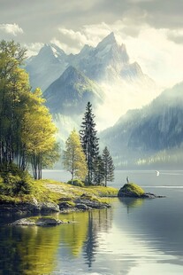 禅境山峰湖泊河流鹿树