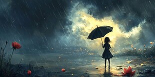 雨中撑伞的少女