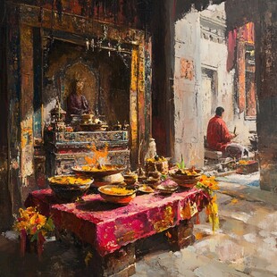 茶馆场景油画