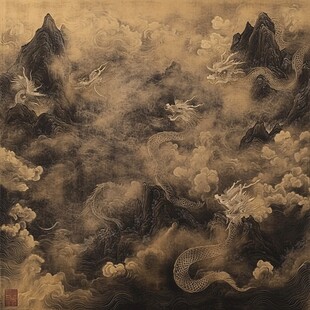 蟠龙飞凤纹绣浅黄绢