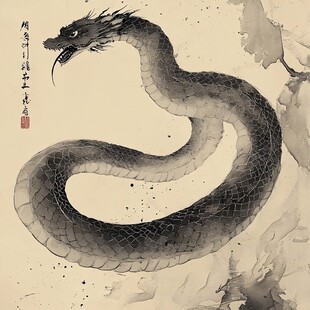 水墨画蛟龙水蛇