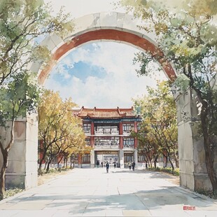 广西大学印象水彩插画