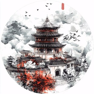 工笔楼阁亭台圆形框画