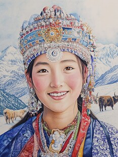 手绘门巴族少女