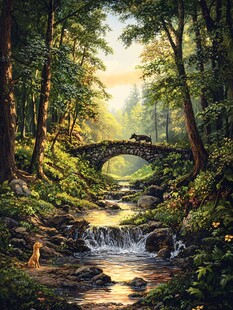 森林河流石拱桥