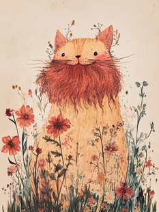 花丛边的猫咪插画