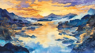 山湖插画