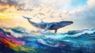 手绘彩色鲸鱼装饰画