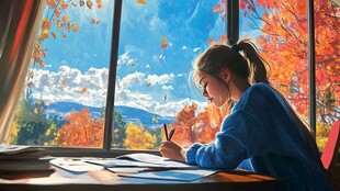 女学生夕阳下插画